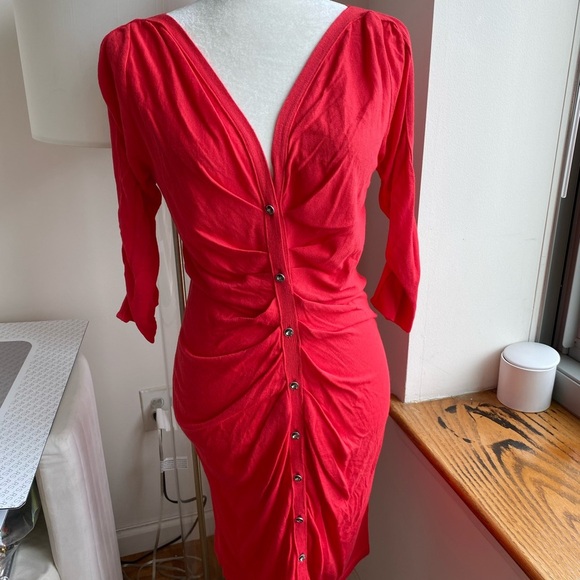 Red Azzaro Dress Fitted Crystals Ruched Plunging M - Picture 4 of 10